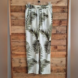 H&M Tropical Palm Leaf Print Elastic Waist Summer Pants Sz 4 Ivory & Green NWT